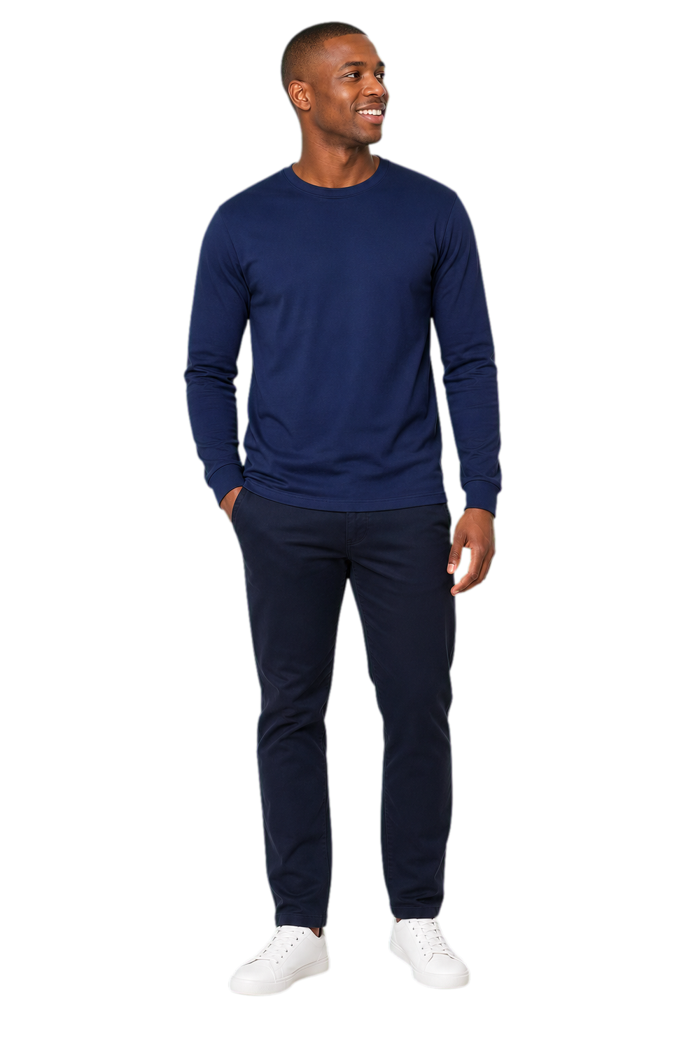 South African man in a navy long-sleeve T-shirt with sleeves clearly visible
