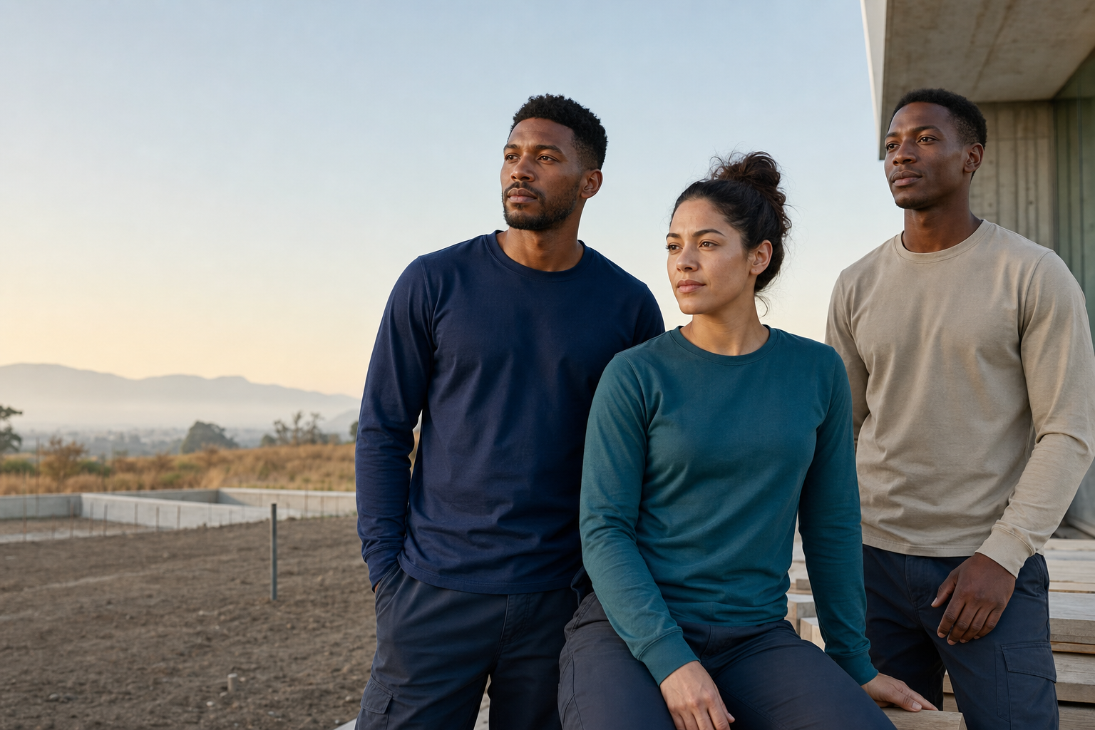 Three South African adults in navy, teal and stone crew-neck long-sleeve T-shirts outdoors
