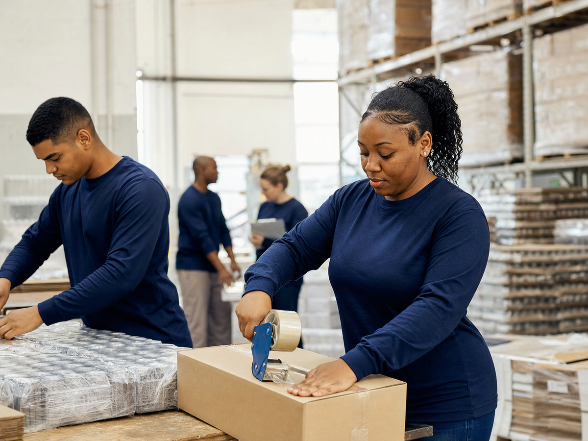Warehouse staff wearing navy long-sleeve T-shirts indoors