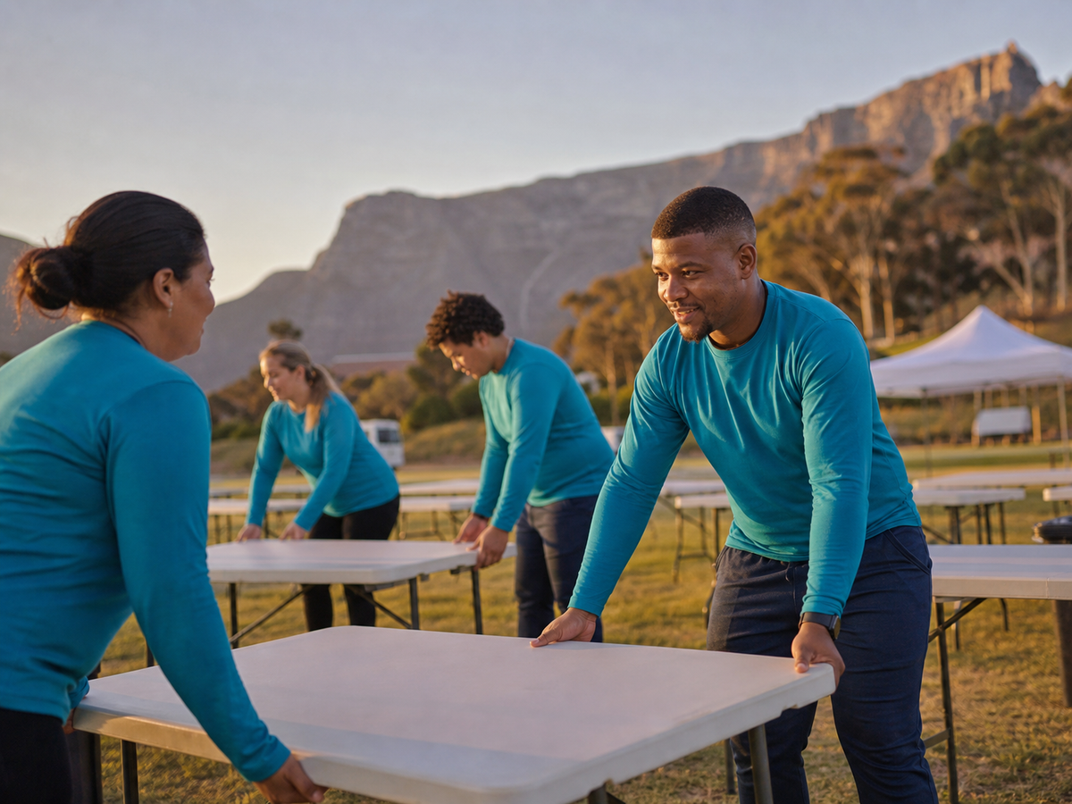 Outdoor event volunteers in teal long-sleeve T-shirts at dawn