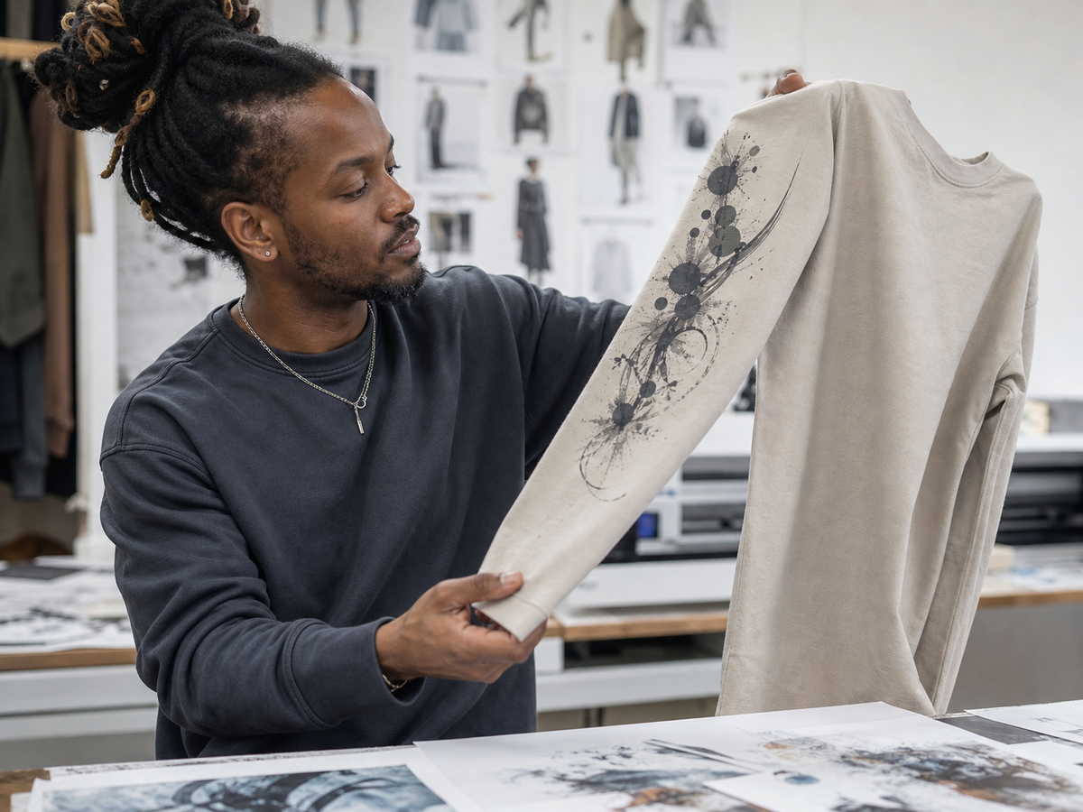 Designer checking a printed forearm graphic on a long-sleeve shirt