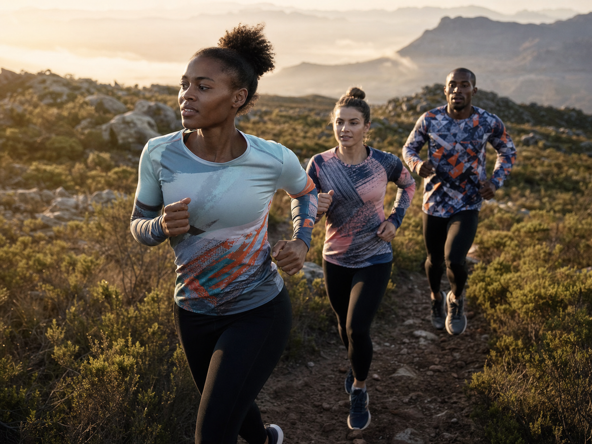 South African runners in lightweight sublimated long-sleeve performance shirts